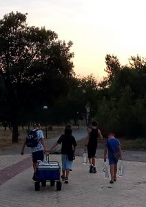Полив саженцев деревьев - тележка с водой